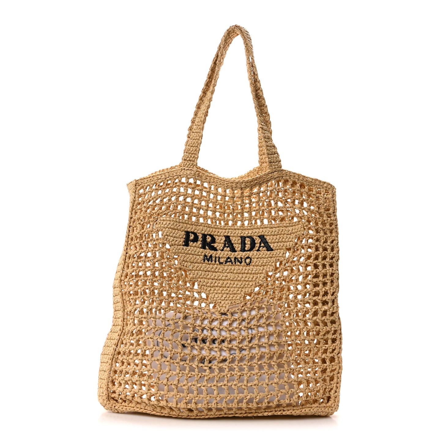 Yarn Raffia Effect Crochet Logo Embroidered Tote Bag Naturale