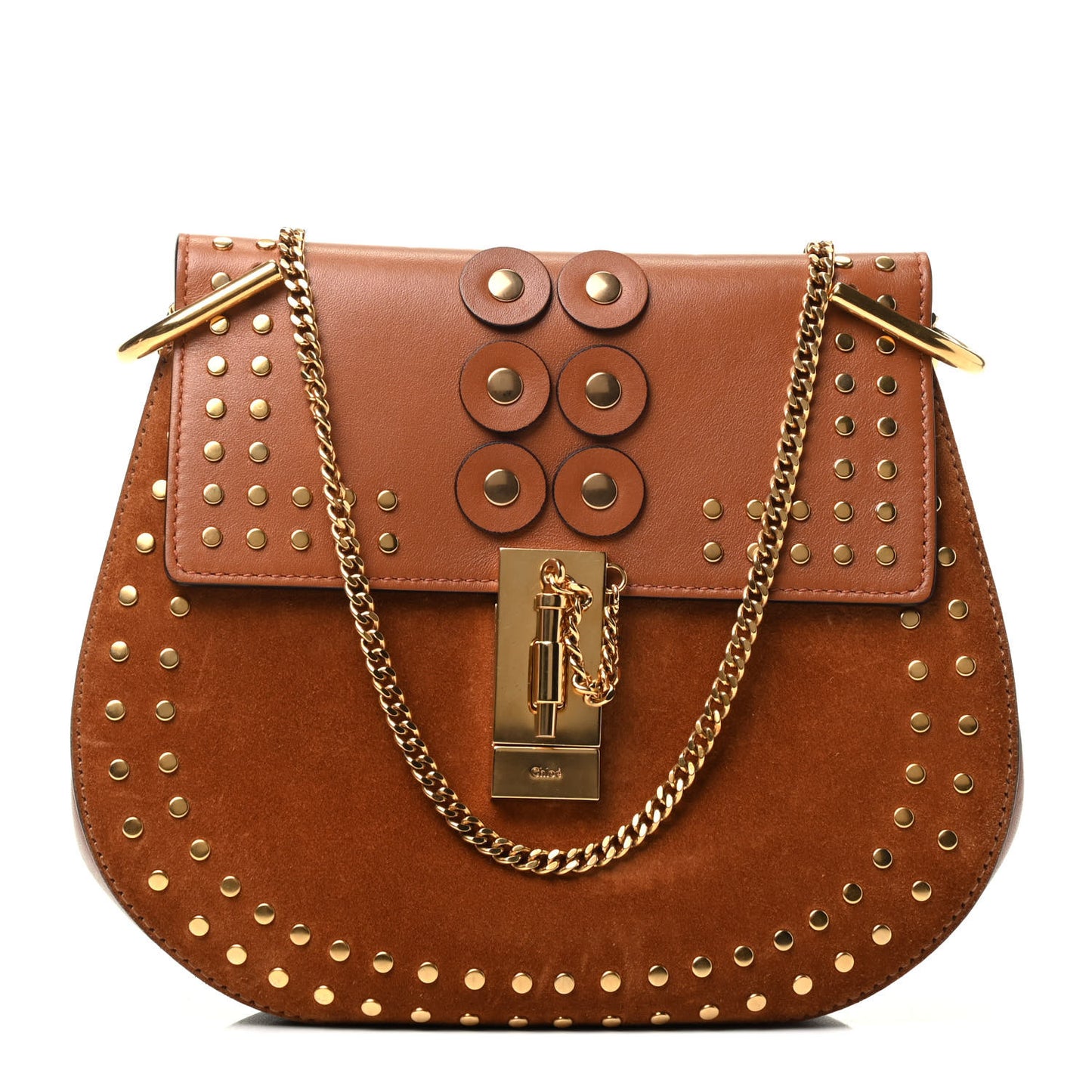 Suede Smooth Calfskin Studded Drew Shoulder Bag Caramel