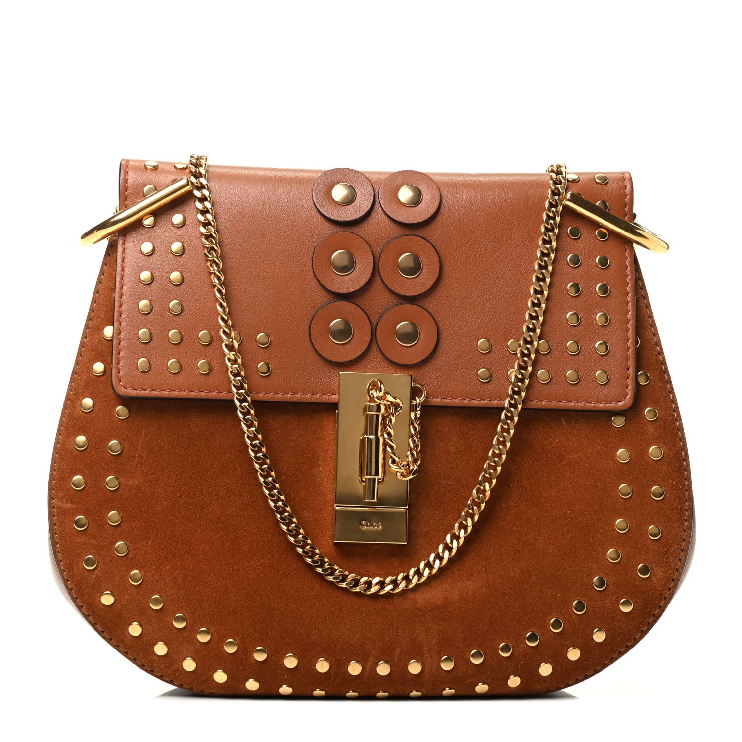Chloe Suede Smooth Calfskin Studded Drew Shoulder Bag Caramel 1 of 3