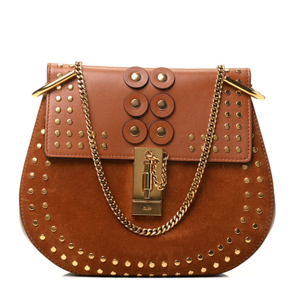 Chloe Suede Smooth Calfskin Studded Drew Shoulder Bag Caramel 1 of 3
