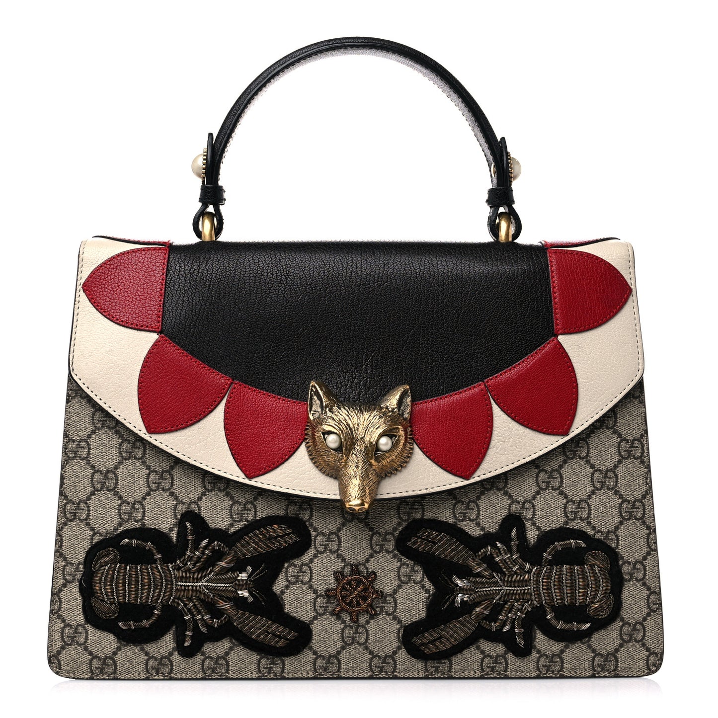 GG Supreme Monogram Goatskin Pearl Embroidered Medium Fox Broche Top Handle Bag Beige Ebony Black Hibiscus Red Mystic White