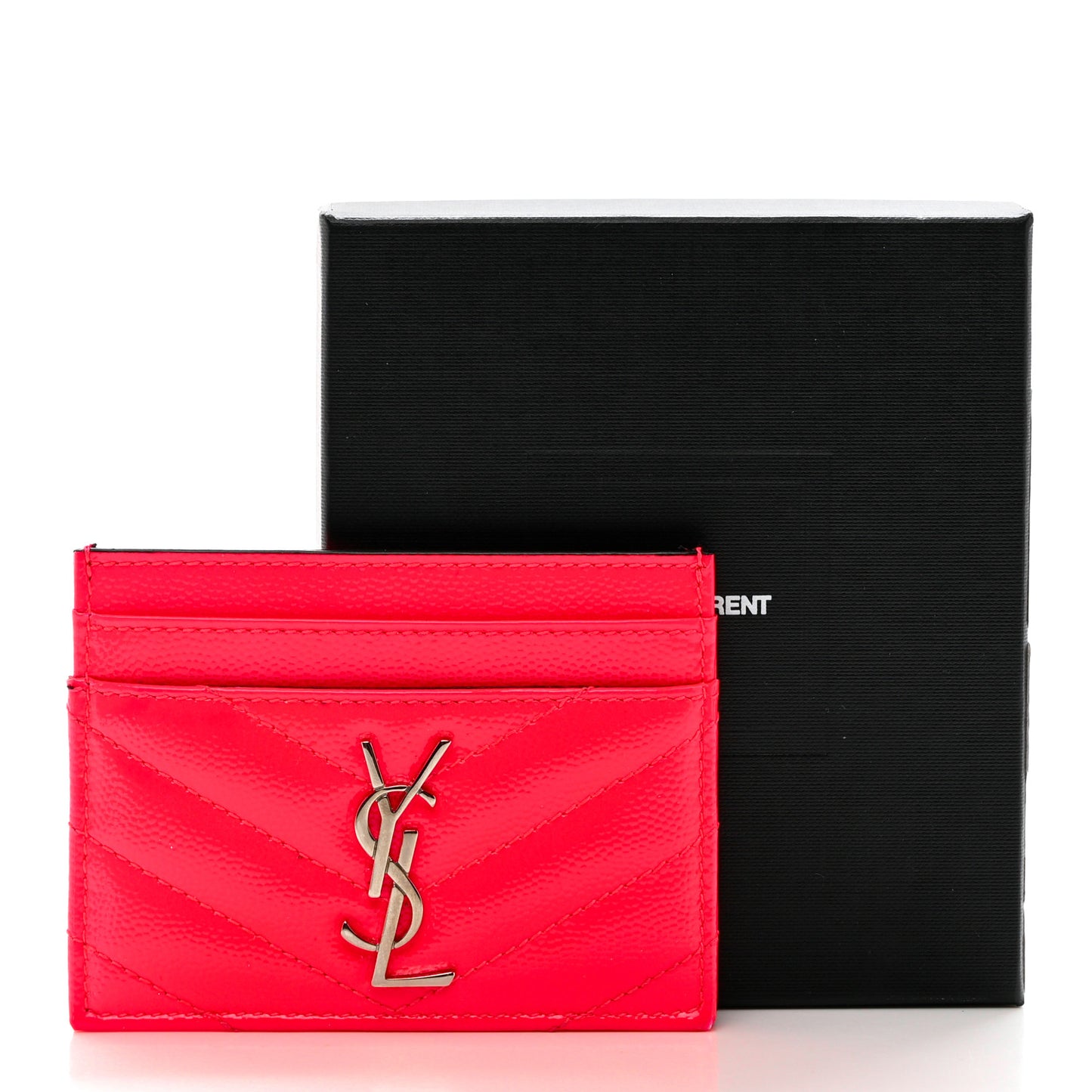 Patent Grain De Poudre Matelasse Chevron Monogram Credit Card Case Neon Pink