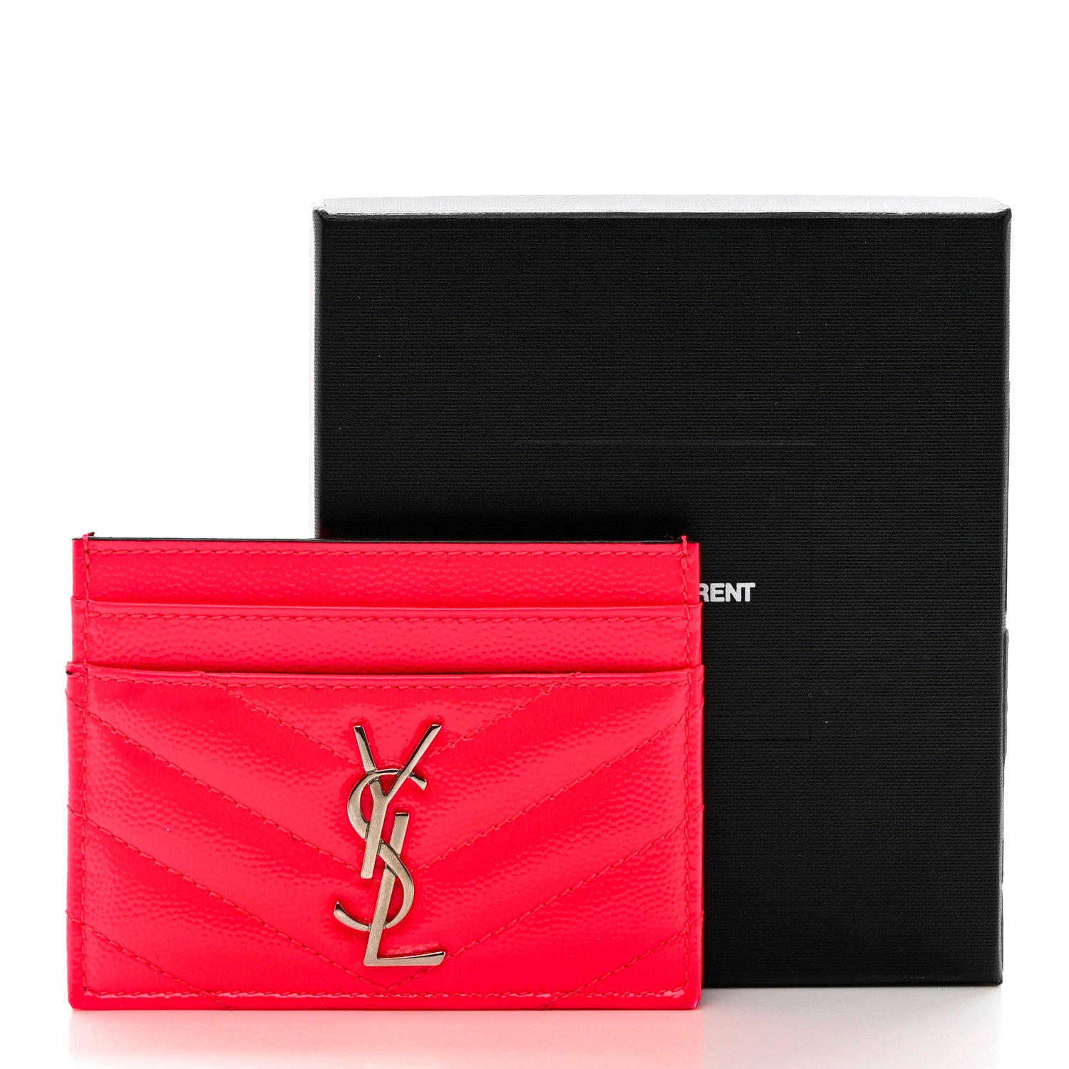 Saint Laurent Patent Grain De Poudre Matelasse Chevron Monogram Credit Card Case Neon Pink 7 of 7
