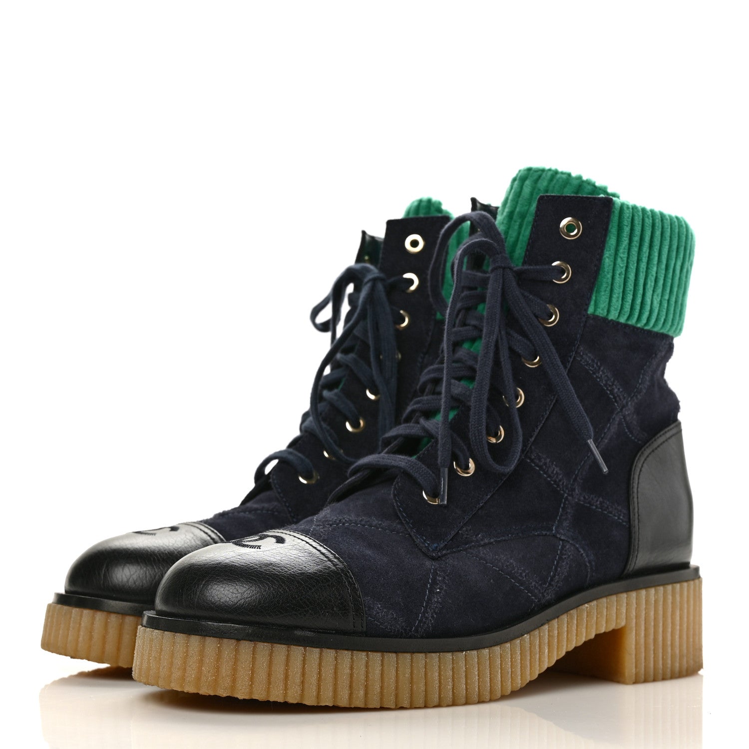 Chanel Suede Calfskin Velvet Quilted CC Combat Boots 39.5 Navy Green Black 3 of 9