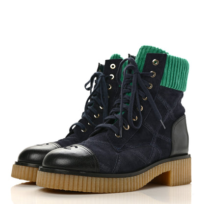 Chanel Suede Calfskin Velvet Quilted CC Combat Boots 39.5 Navy Green Black 3 of 9