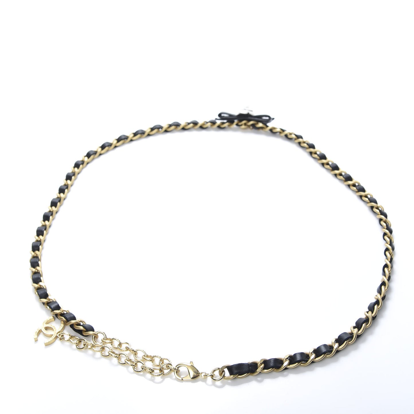 Calfskin Crystal Chain Camellia Belt Black Gold