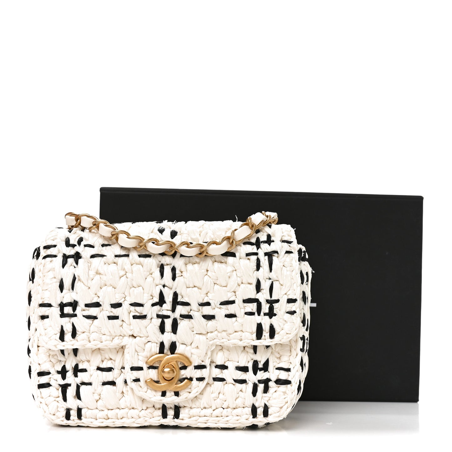 Raffia Effect Tweedy Mini Flap Bag White Black