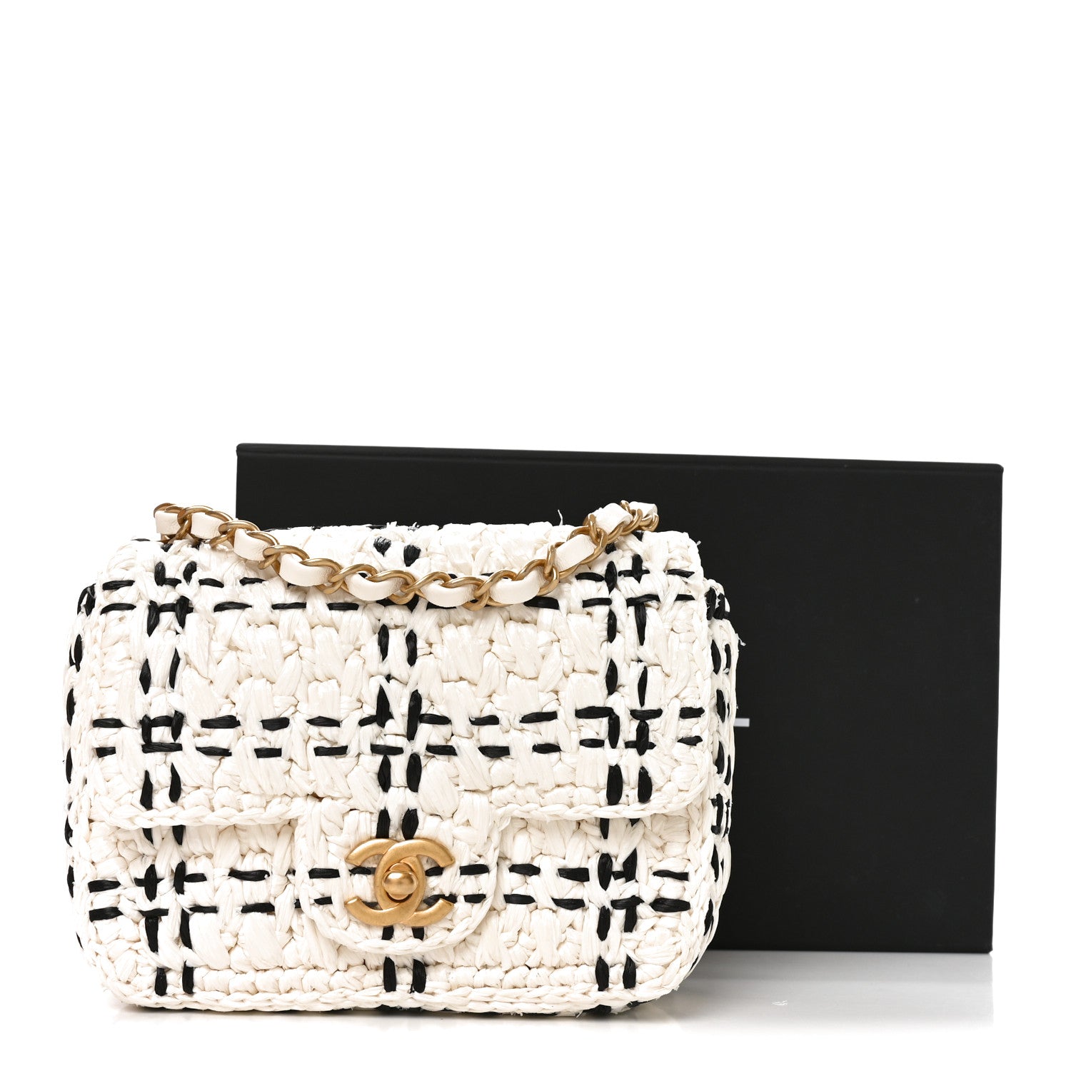 Chanel Raffia Effect Tweedy Mini Flap Bag White Black 20 of 21