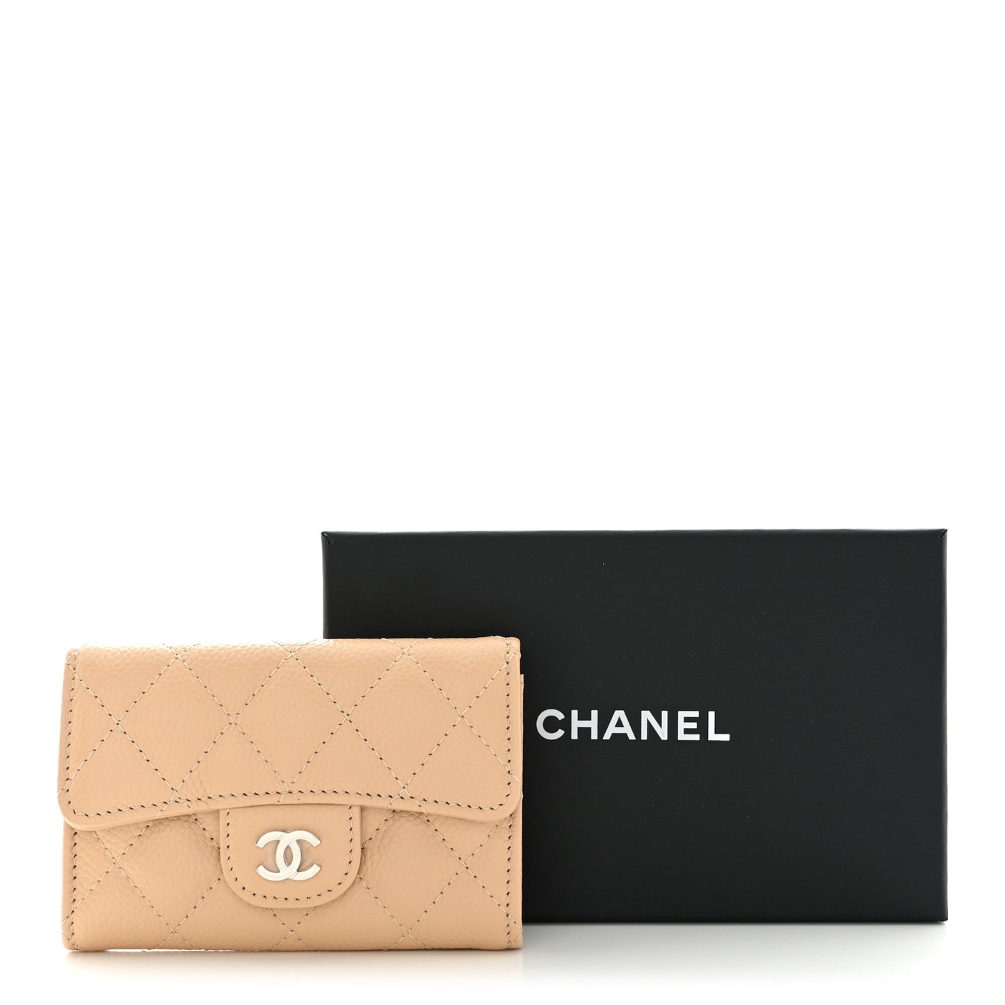 Caviar Quilted Flap Card Holder Wallet Beige