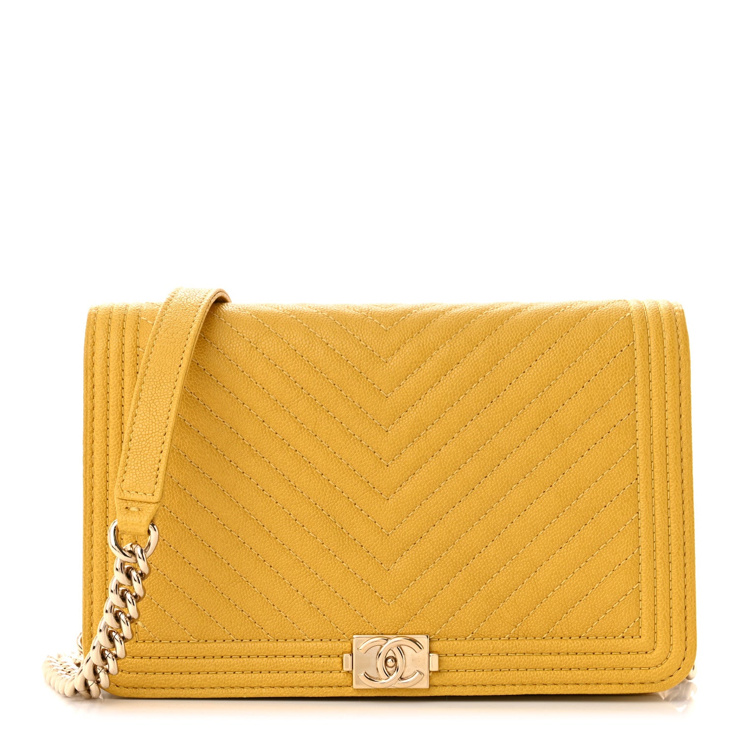 Chanel Caviar Chevron Quilted Boy Wallet On Chain WOC Yellow Yellow 1 of 15