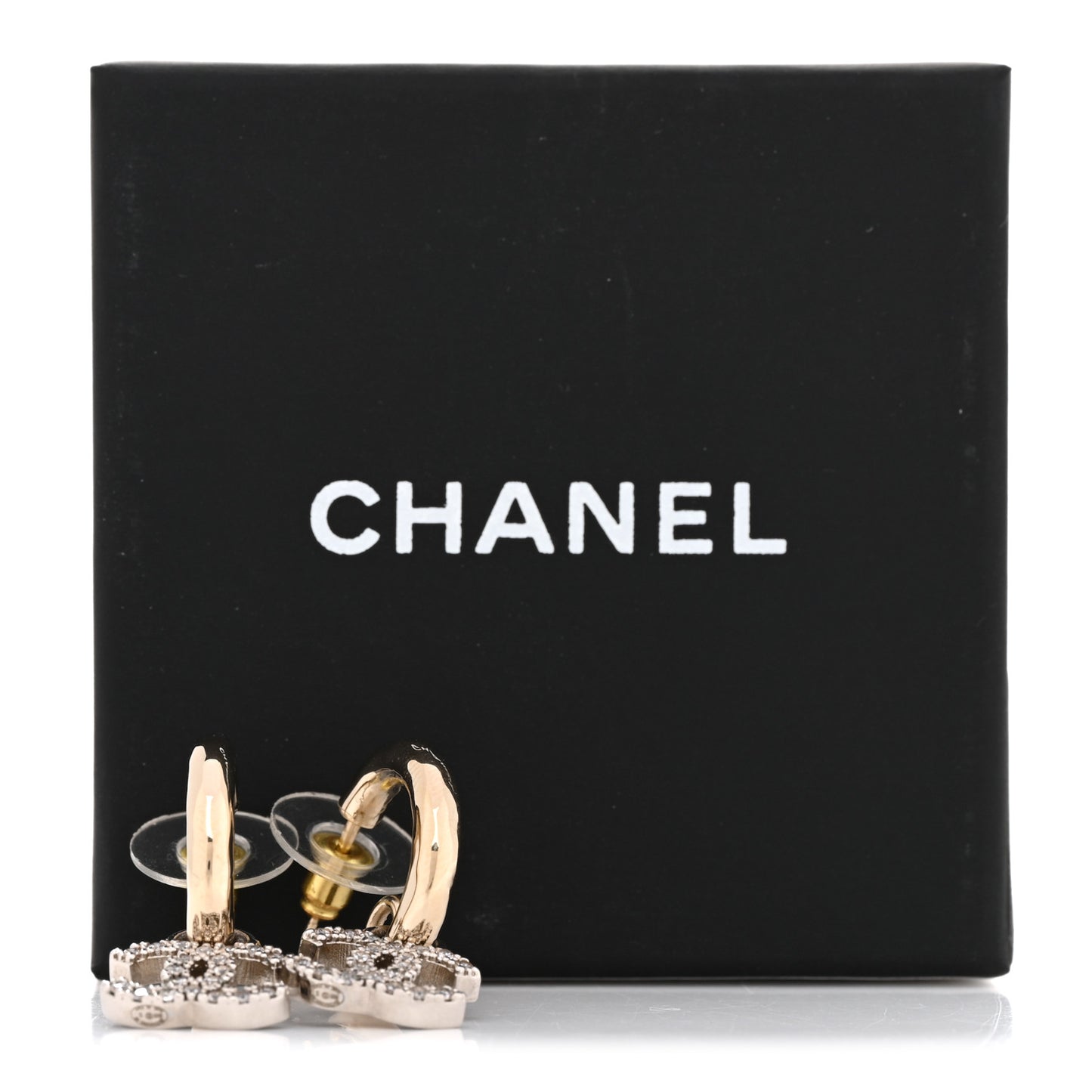 Metal Crystal Studded CC Hoop Drop Earrings Gold
