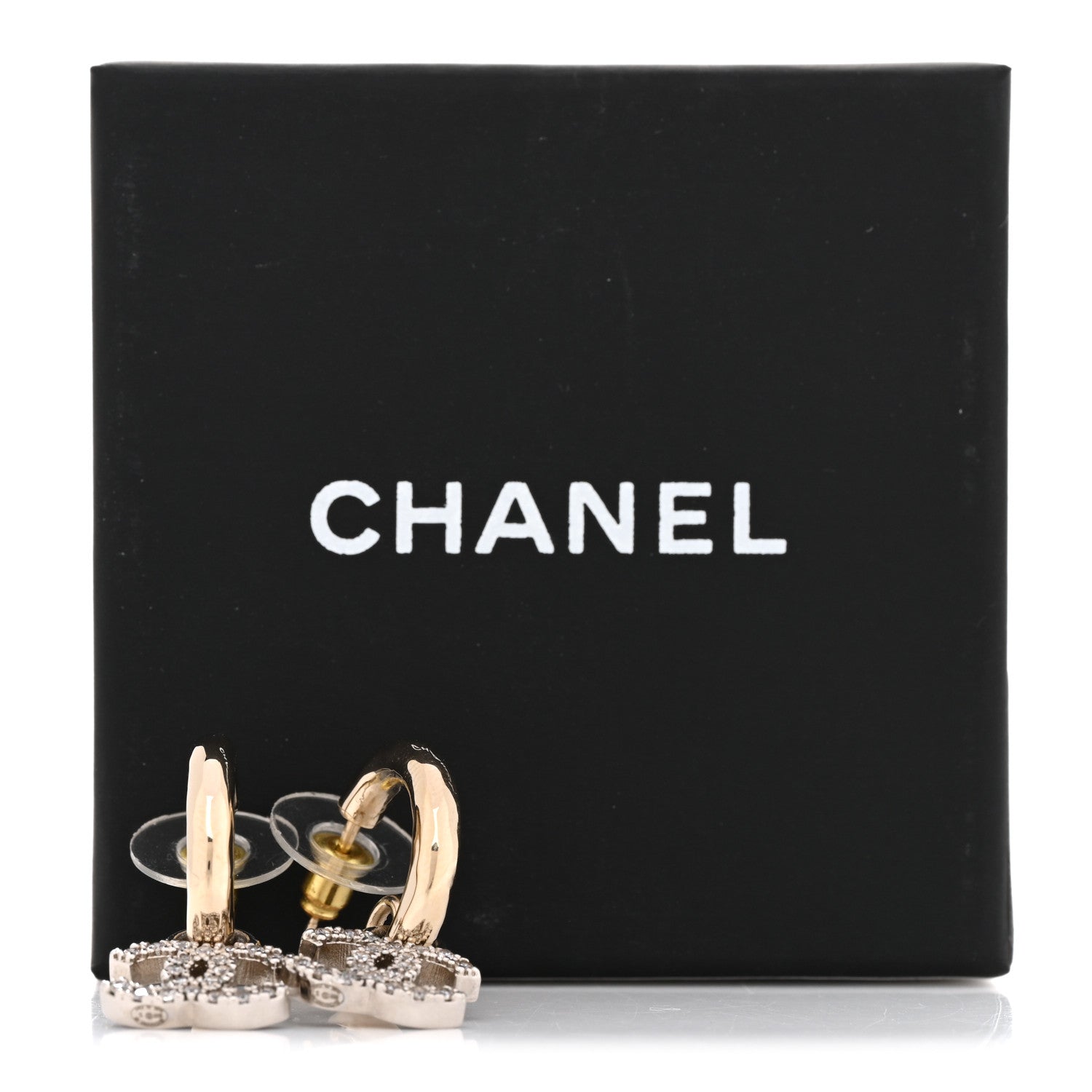 Chanel Metal Crystal Studded CC Hoop Drop Earrings Gold 5 of 5