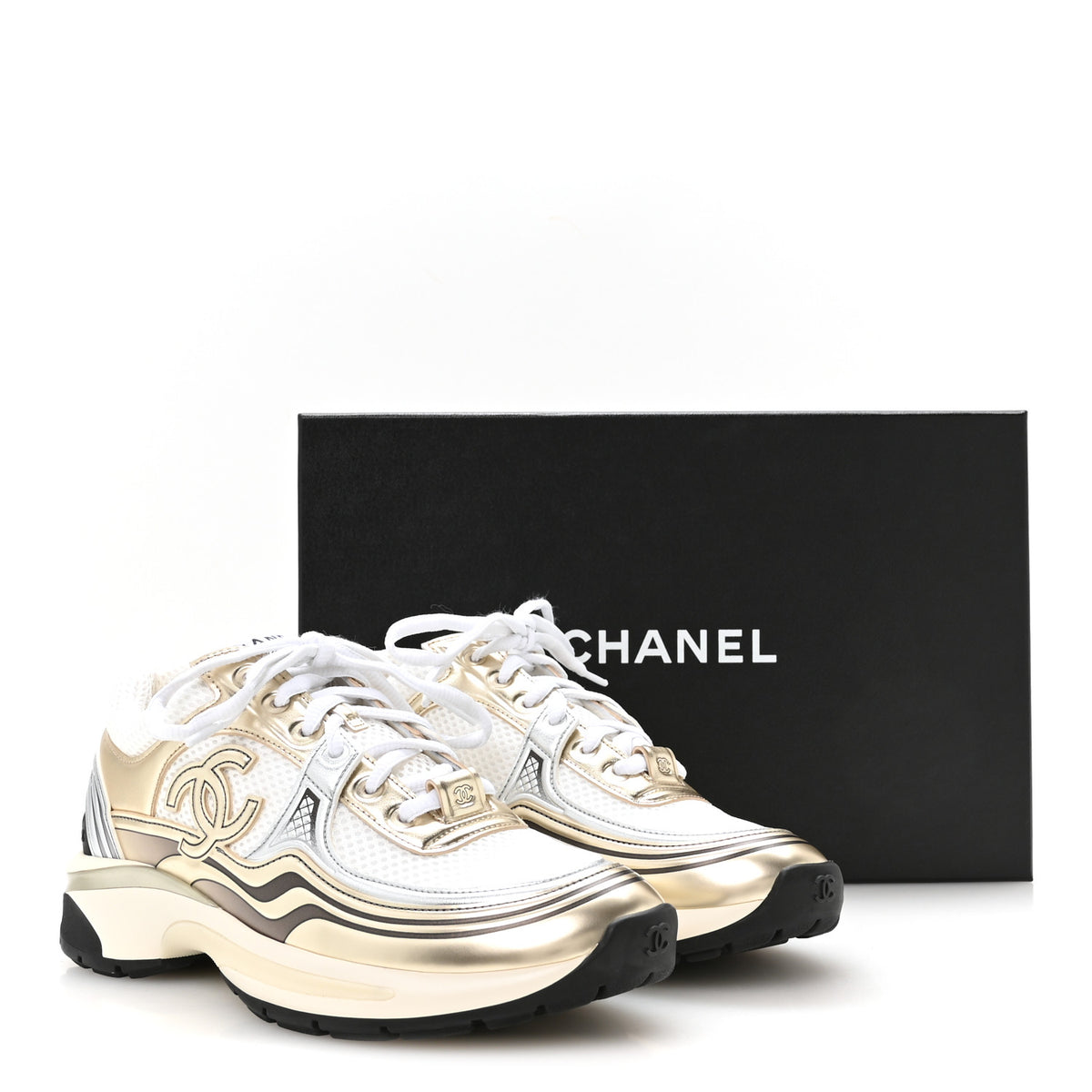 Fabric Laminated Calfskin Stretch CC Sneakers 38 White Gold Silver