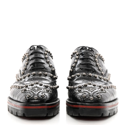 Christian Louboutin Croc Calfskin Embossed Womens Studded Crapadonna Oxfords 37 Black 2 of 12