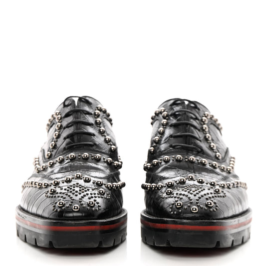 Croc Calfskin Embossed Womens Studded Crapadonna Oxfords 37 Black