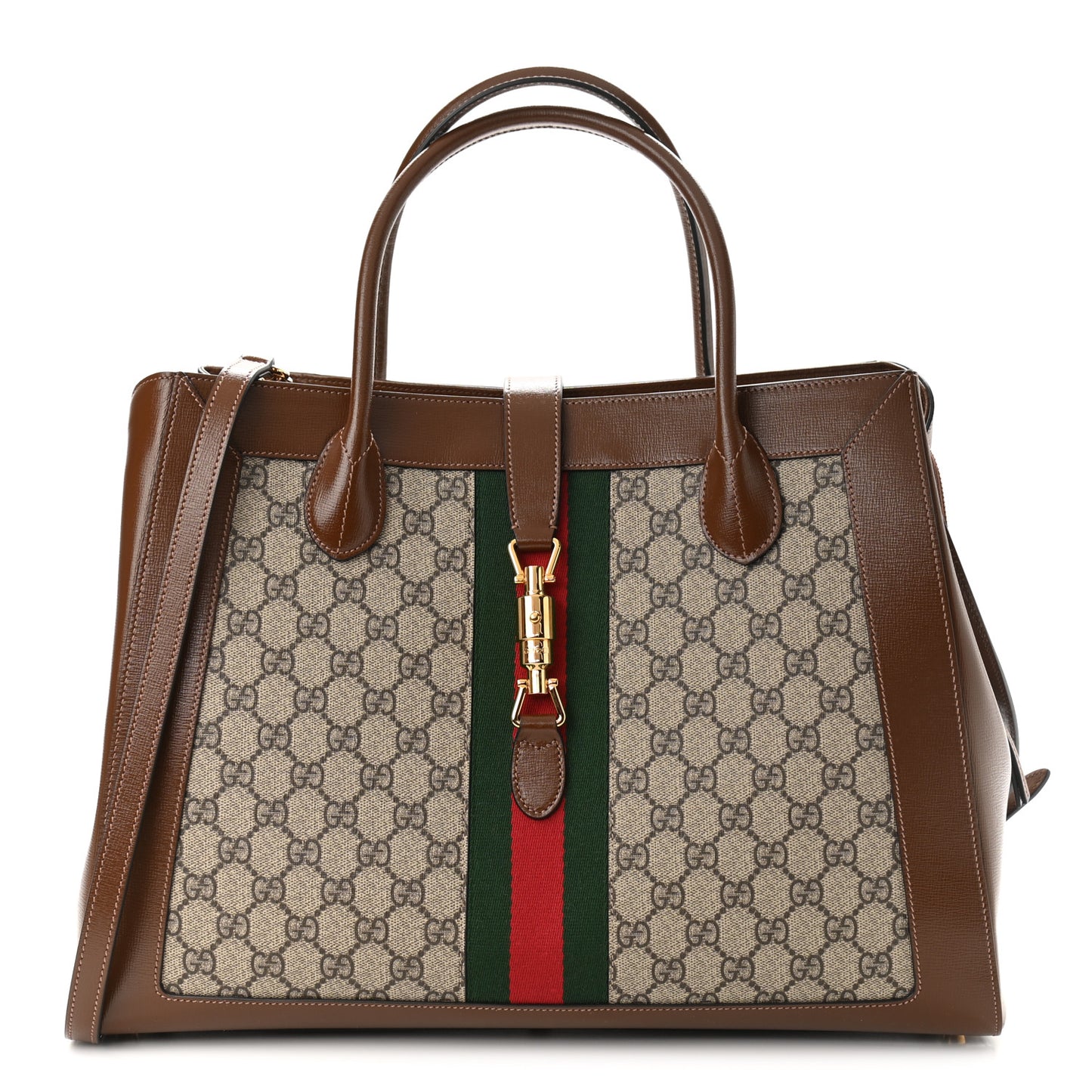 GG Supreme Monogram Azalea Calfskin Web Large Jackie 1961 Tote Beige Ebony Brown Sugar
