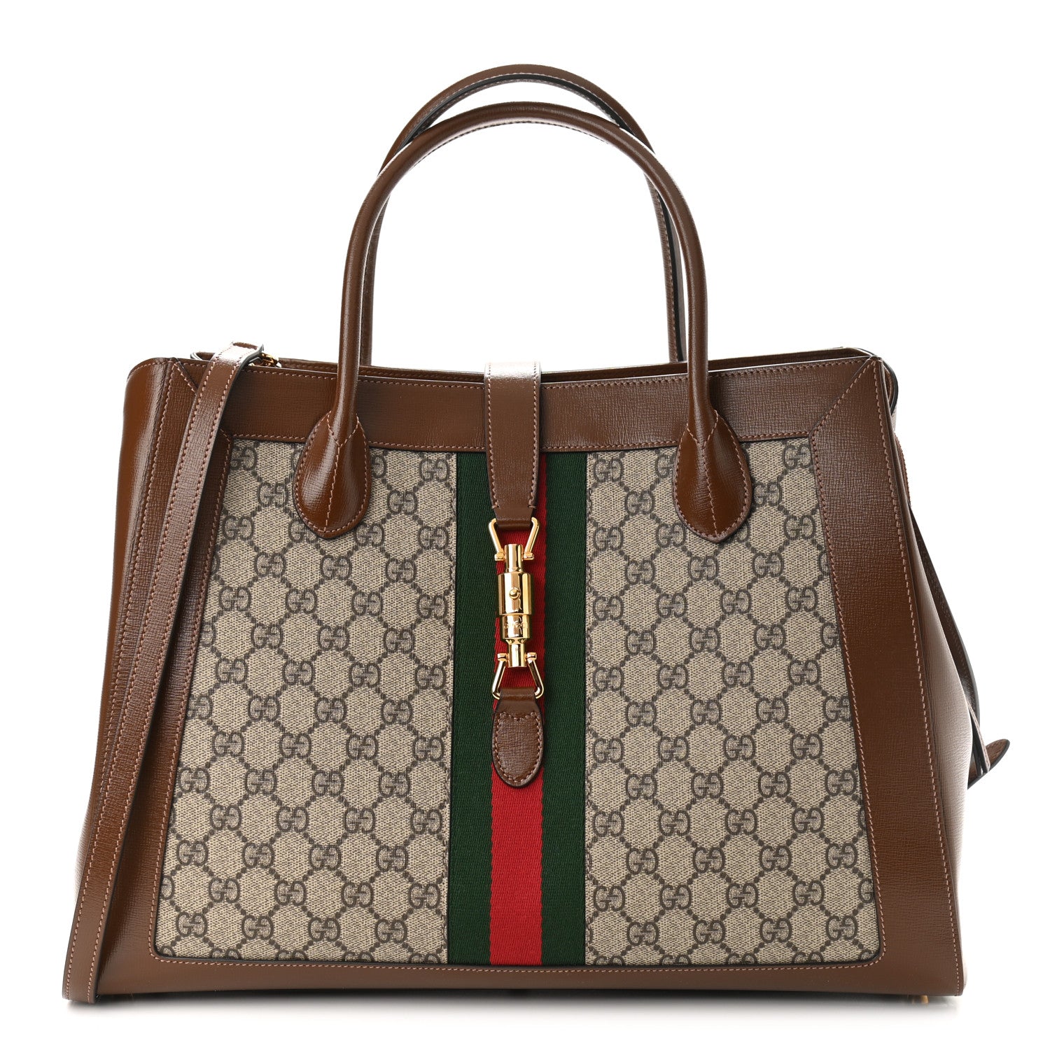 Gucci GG Supreme Monogram Azalea Calfskin Web Large Jackie 1961 Tote Beige Ebony Brown Sugar 1 of 10