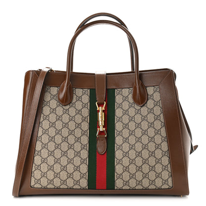 Gucci GG Supreme Monogram Azalea Calfskin Web Large Jackie 1961 Tote Beige Ebony Brown Sugar 1 of 10