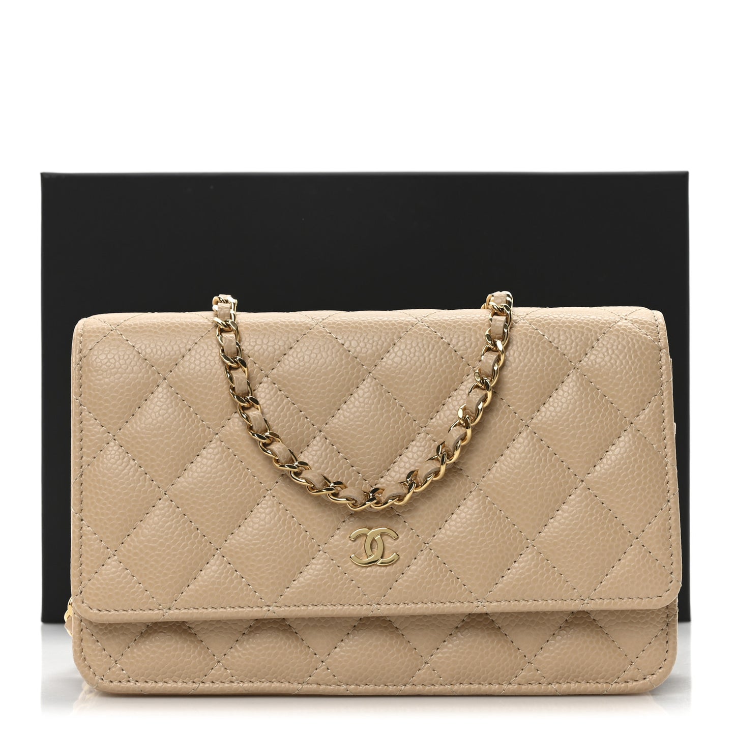 Caviar Quilted Wallet on Chain WOC Beige
