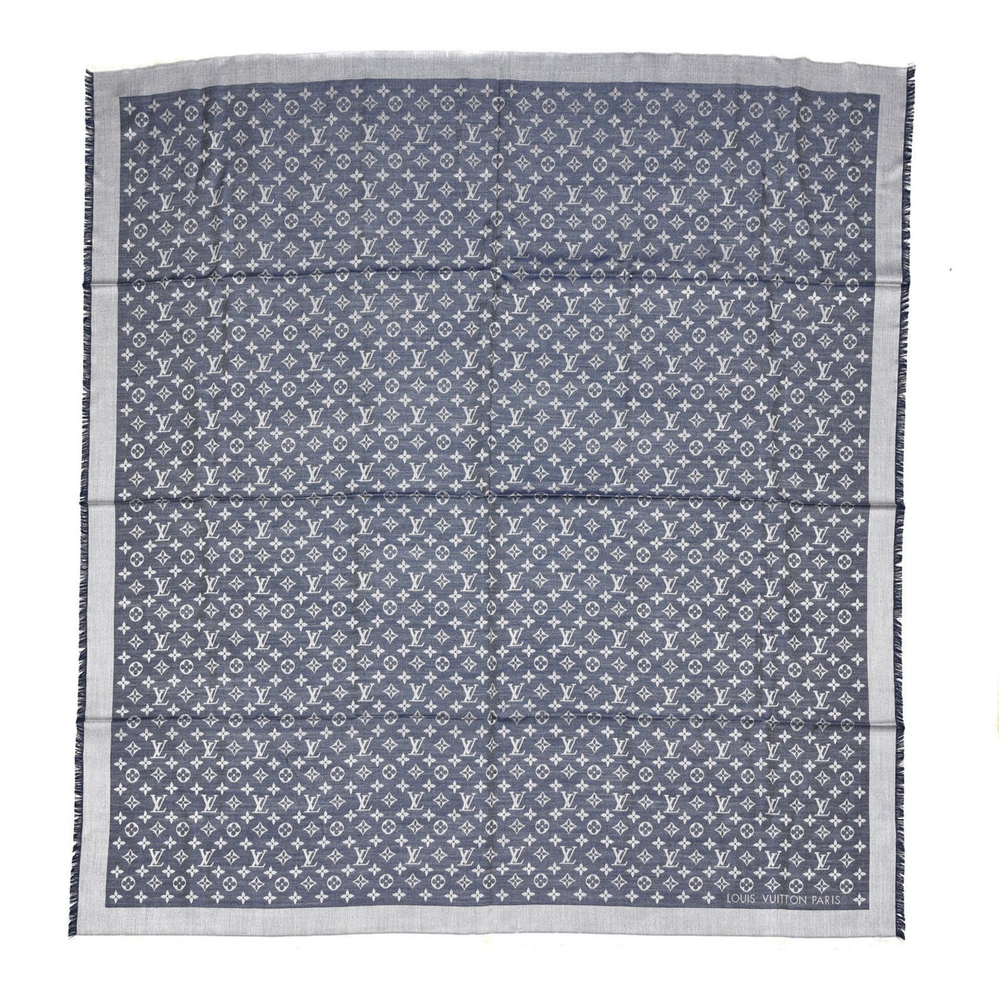 Wool Silk Monogram Denim Shawl Blue