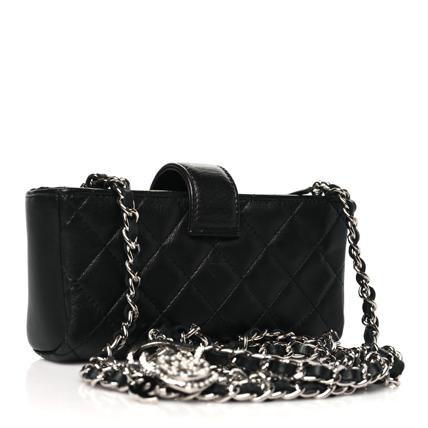 Lambskin Quilted Crystal Valentine Charms Mini Phone Holder Crossbody Bag Black