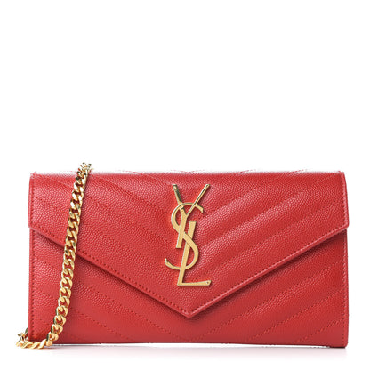 Saint Laurent Grain De Poudre Matelasse Chevron Small Monogram Chain Wallet Red 1 of 9
