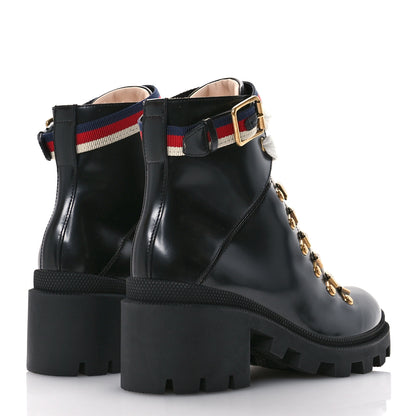 Gucci Calfskin Sylvie Web Womens Lace Up Combat Boots 35 Black 5 of 9