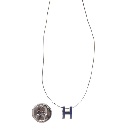 Hermes Lacquered Palladium Pop H Pendant Necklace Navy Bleu 3 of 5