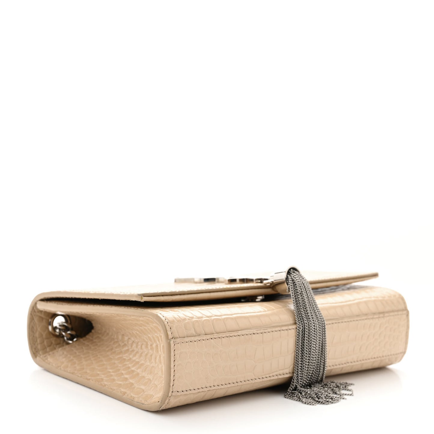 Calfskin Crocodile Embossed Small Classic Monogram Kate Tassel Satchel Nude Powder