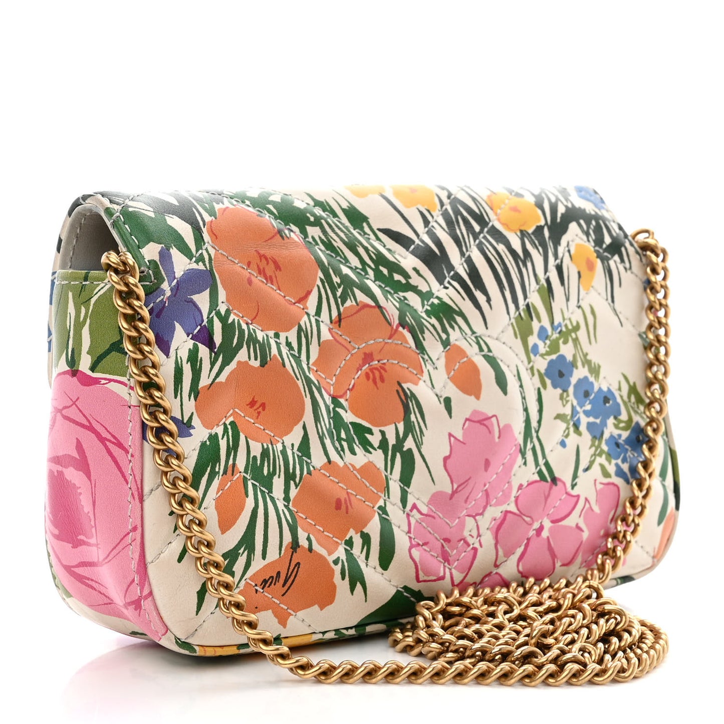 X KEN SCOTT Calfskin Matelasse Floral Print Super Mini GG Marmont Shoulder Bag Ivory Pink