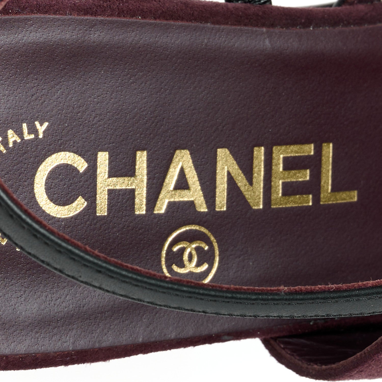Chanel Suede Patent Crystal CC Cap Toe Slingback Flats 37.5 Burgundy Black 7 of 11