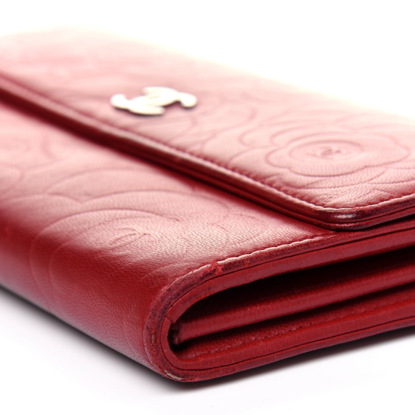 Lambskin Camellia Embossed Flap Wallet Red