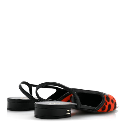 Chanel Lamb Hair Patent Calfskin Cap Toe CC Slingback Sandals 38 Orange Black White 5 of 10