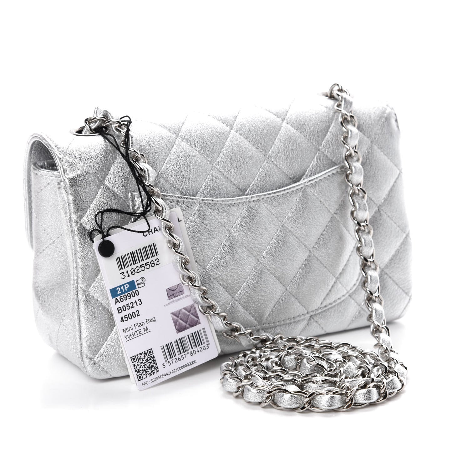 Metallic Lambskin Quilted Mini Rectangular Flap Silver