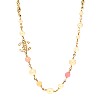 Chanel Pearl Beaded Crystal CC Necklace Gold Pink 1 of 6