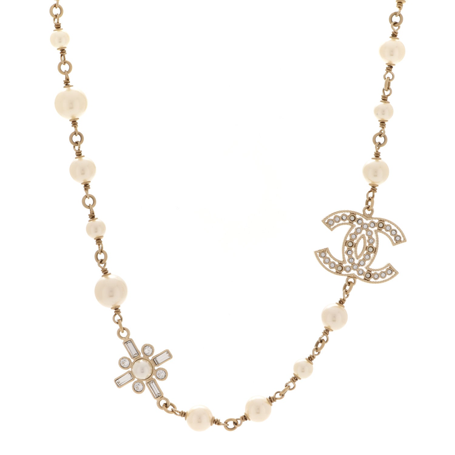 Chanel Crystal Baguette Pearl CC Cross Necklace Gold 1 of 6