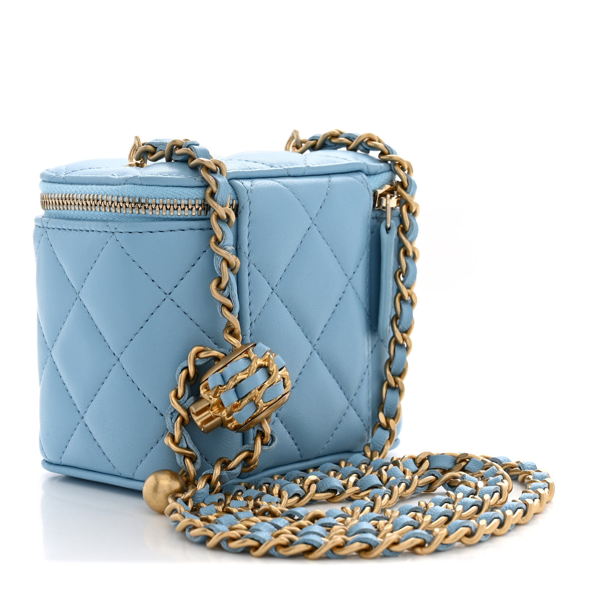 Lambskin Quilted Pearl Crush Mini Vanity Case With Chain Light Blue