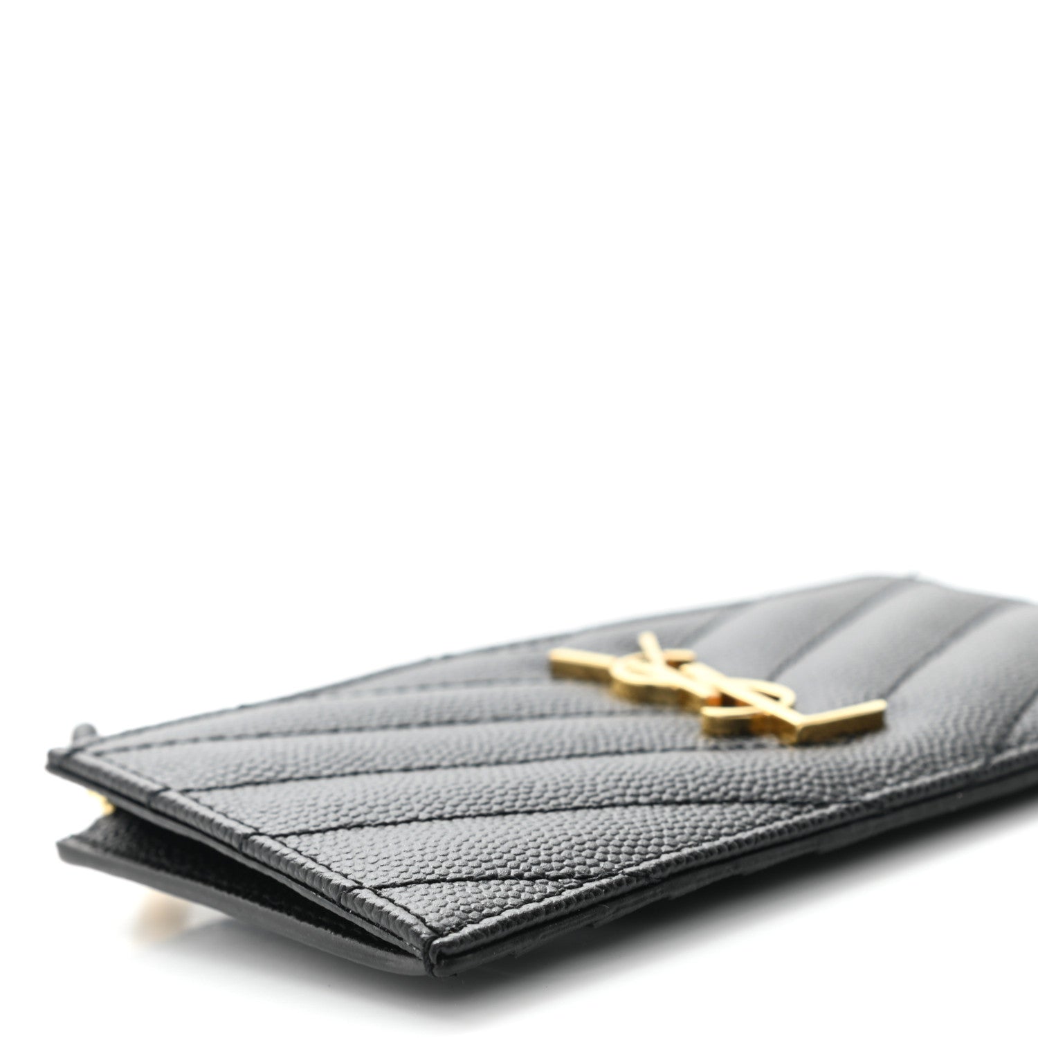 Saint Laurent Grain De Poudre Matelasse Chevron Monogram Fragments Zippered Card Case Black 7 of 8