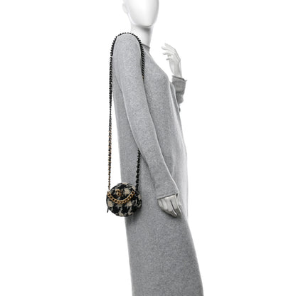 Chanel Wool Tweed Lambskin Quilted Chanel 19 Round Clutch With Chain and Coin Purse Black White 2 of 10