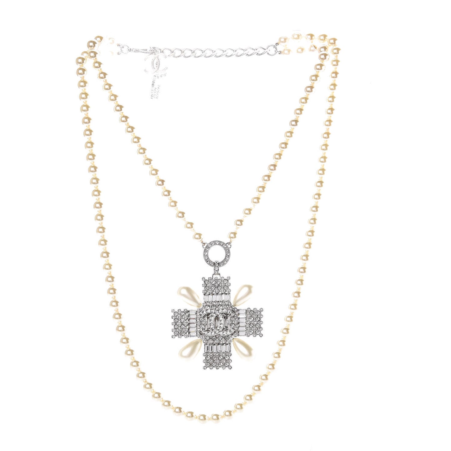 Pearl Crystal Baguette Double Strand CC Necklace Silver