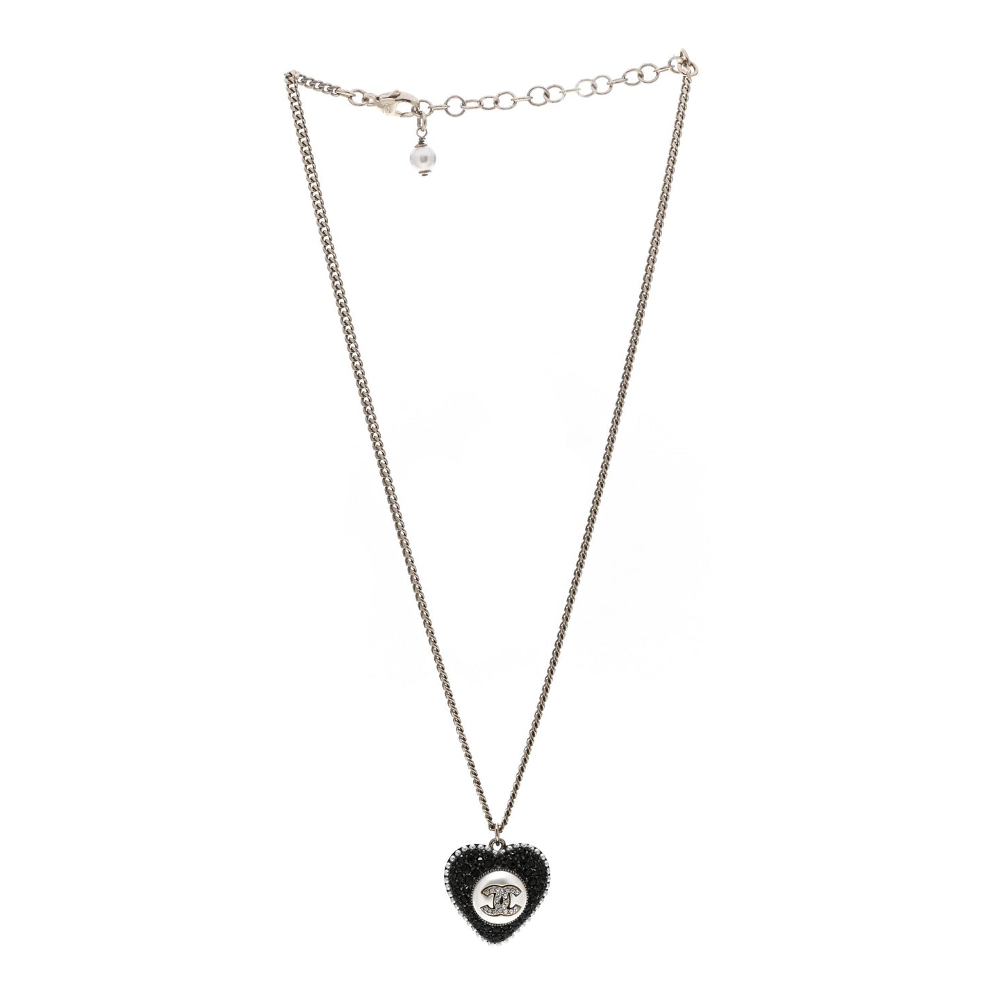 Pearl Crystal CC Heart Necklace Gold Pearly White Black