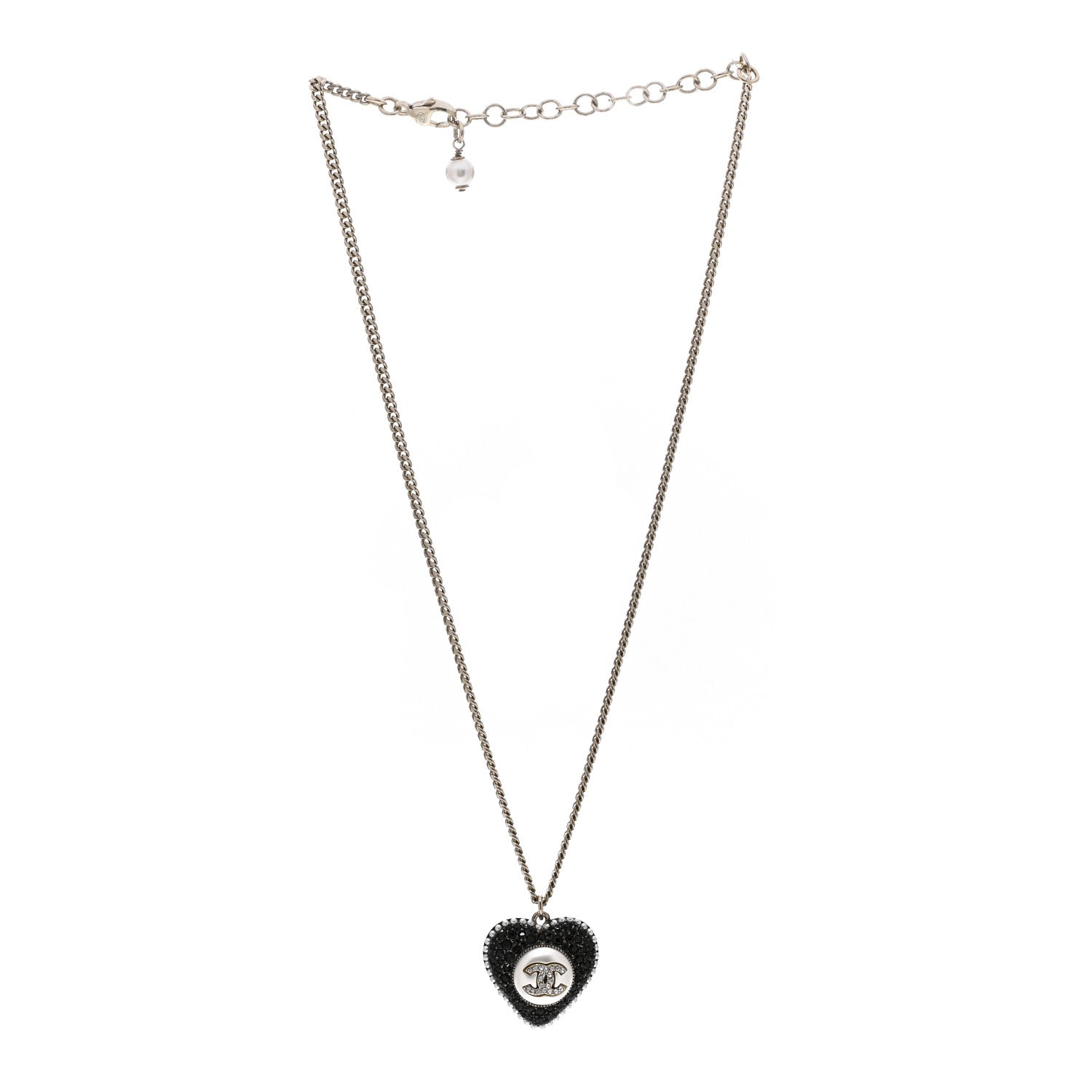Chanel Pearl Crystal CC Heart Necklace Gold Pearly White Black 2 of 3