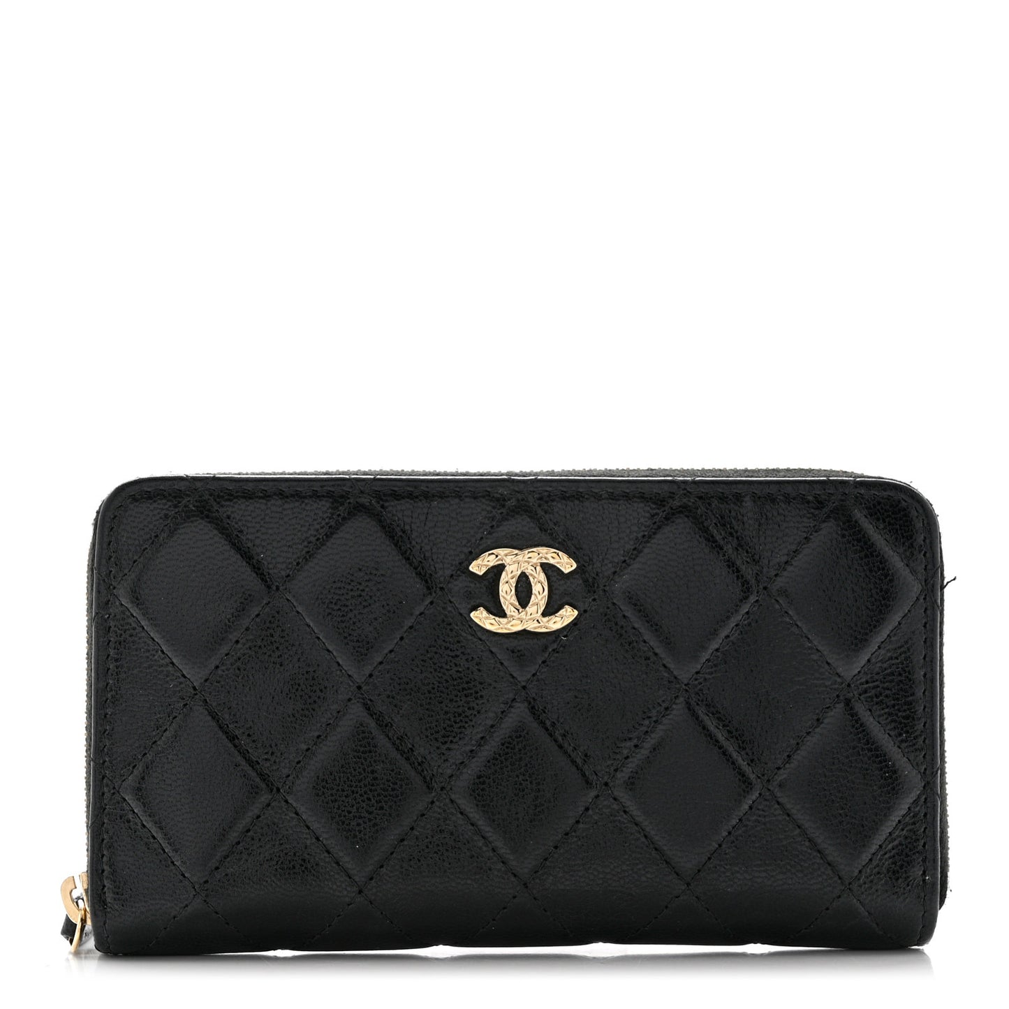 Calfskin Diamond Quilted Zip Around Wallet Black