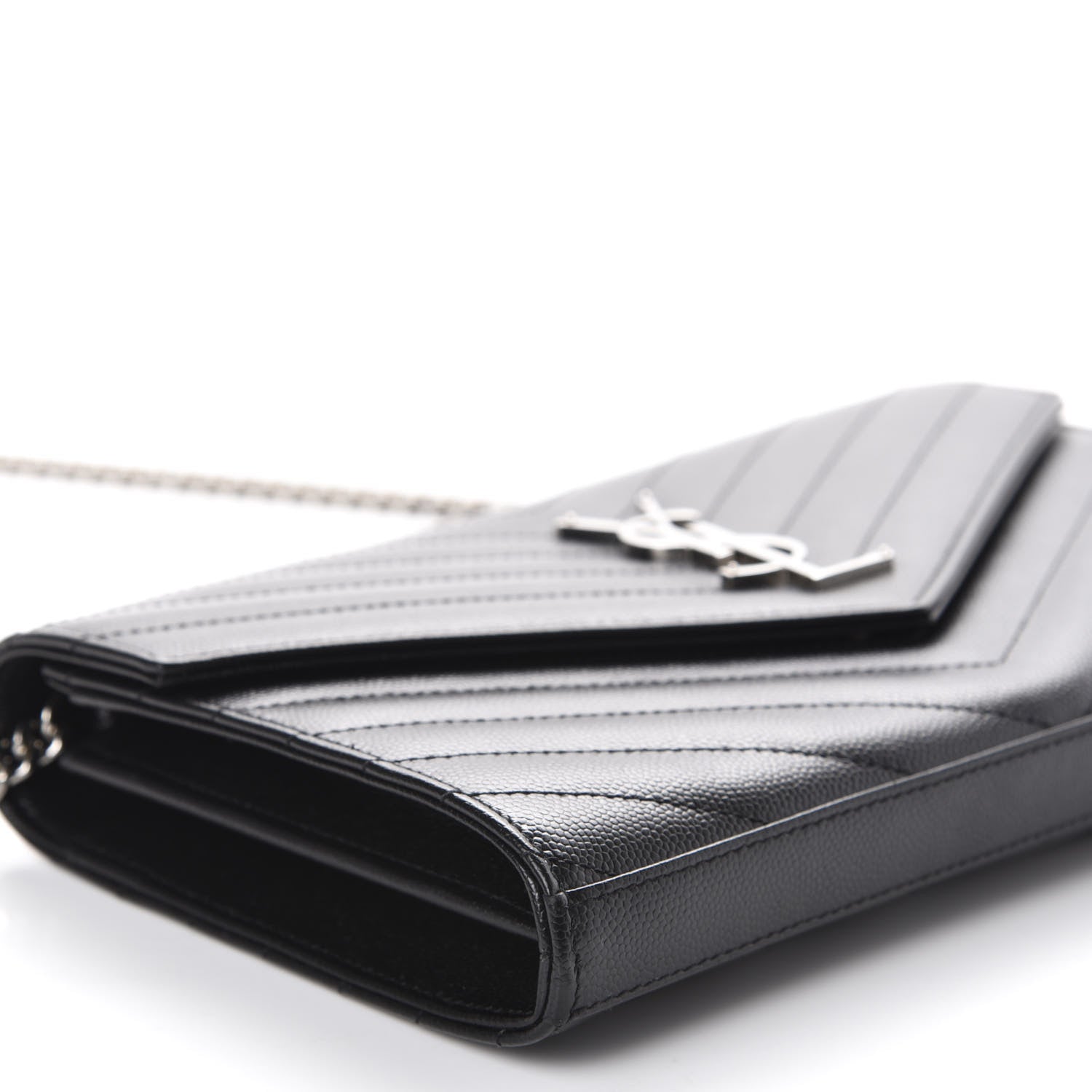 Saint Laurent Grain De Poudre Matelasse Chevron Monogram Chain Wallet Black 7 of 12