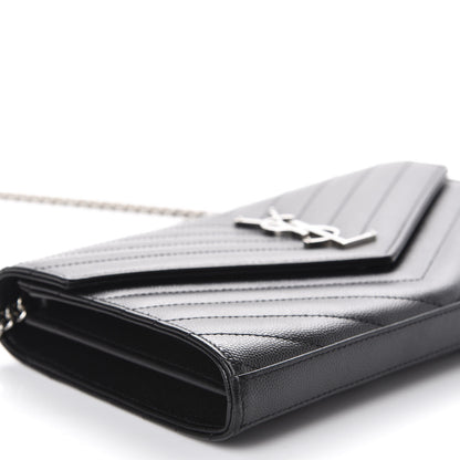Saint Laurent Grain De Poudre Matelasse Chevron Monogram Chain Wallet Black 7 of 12