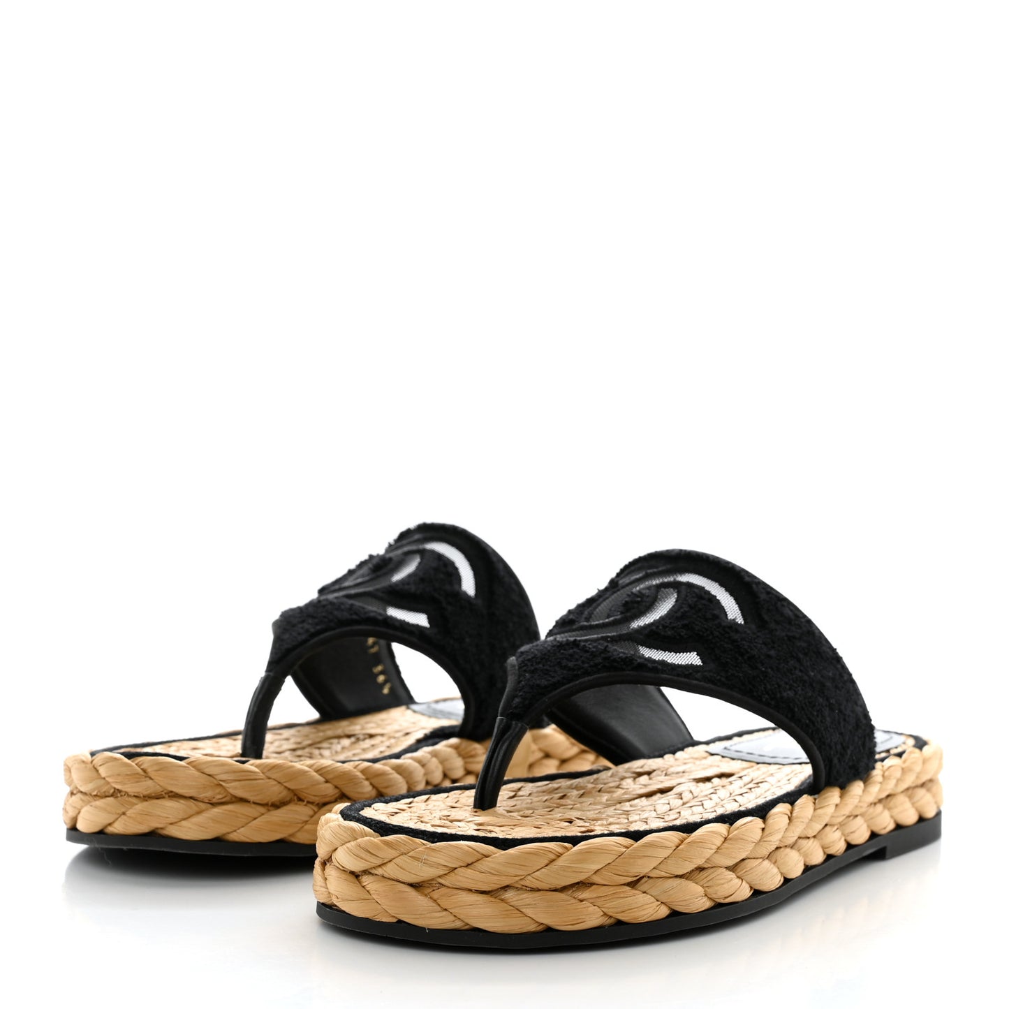 Terry Cloth Raffia CC Logo Thong Sandals 36.5 Black