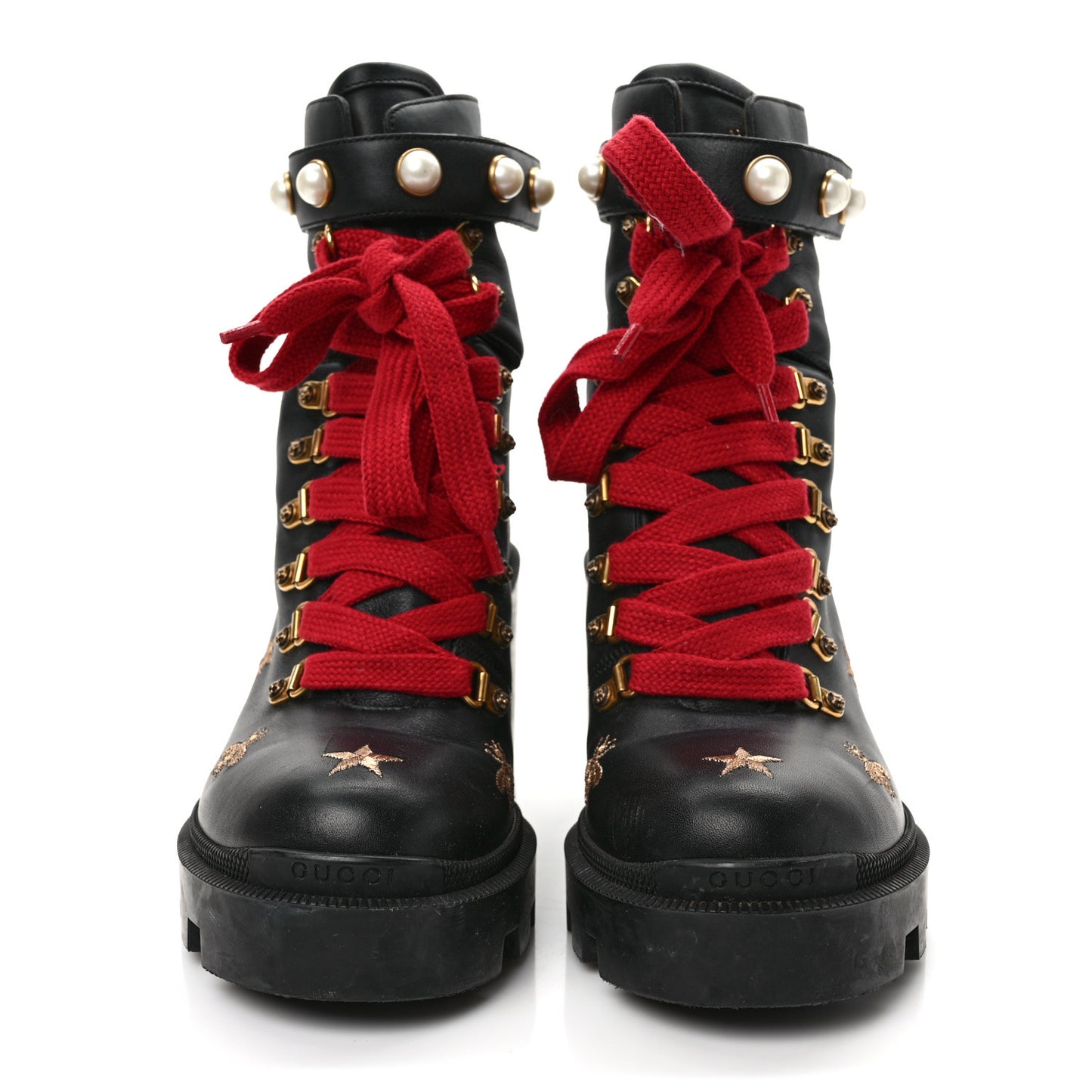 Calfskin Embroidered Lace Up Combat Ankle Boots 40 Black