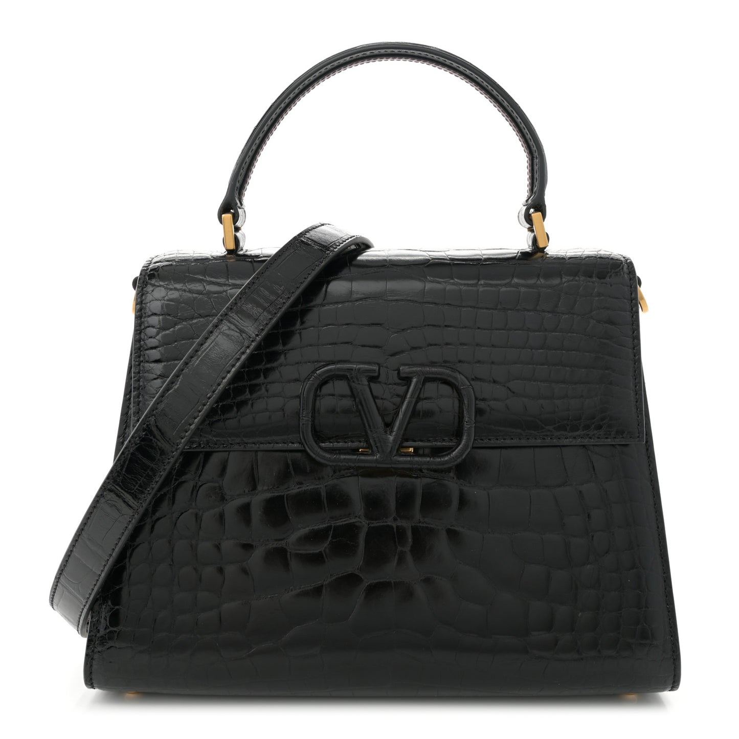 Crocodile Small VSling Top Handle Bag Black
