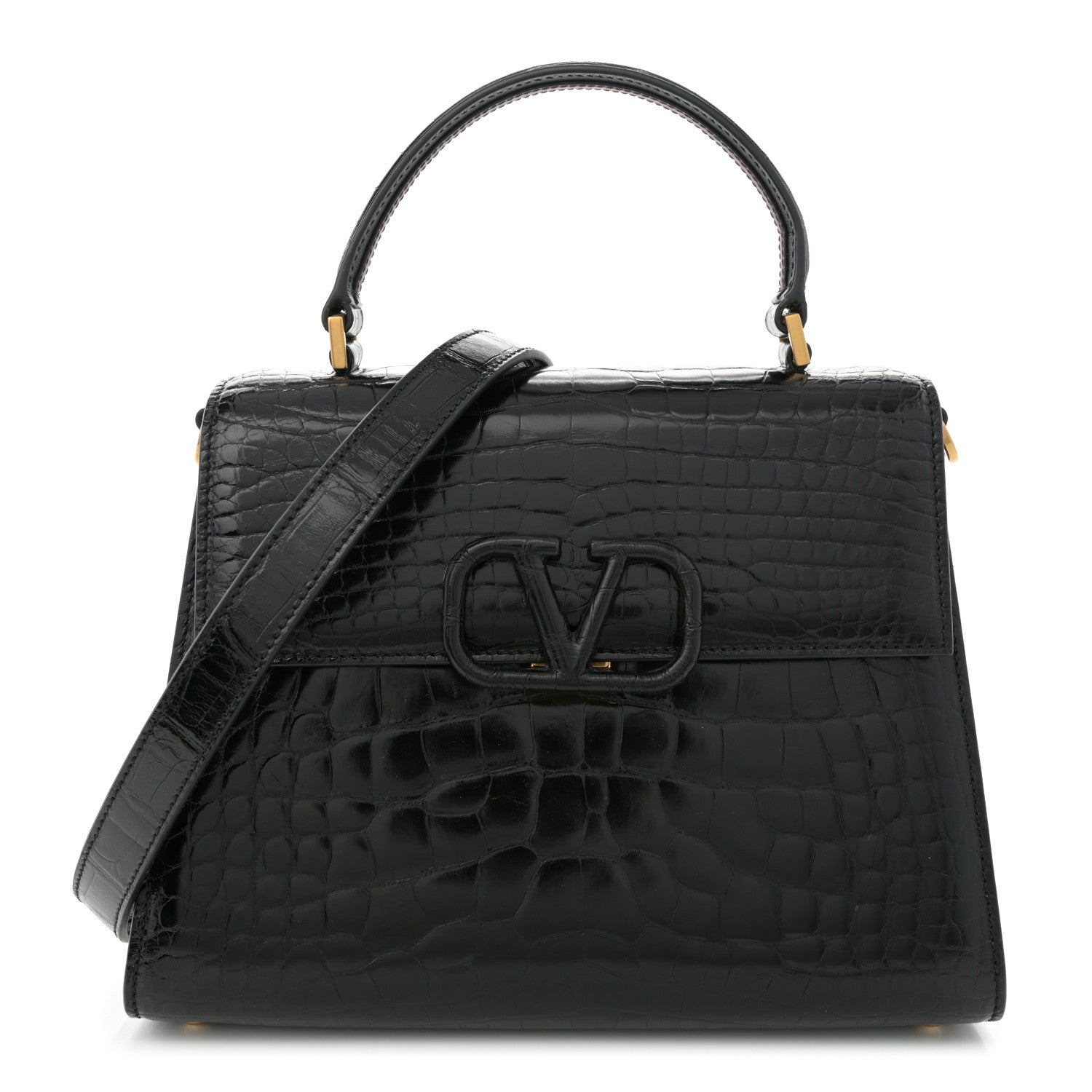 Valentino Garavani Crocodile Small VSling Top Handle Bag Black 1 of 11