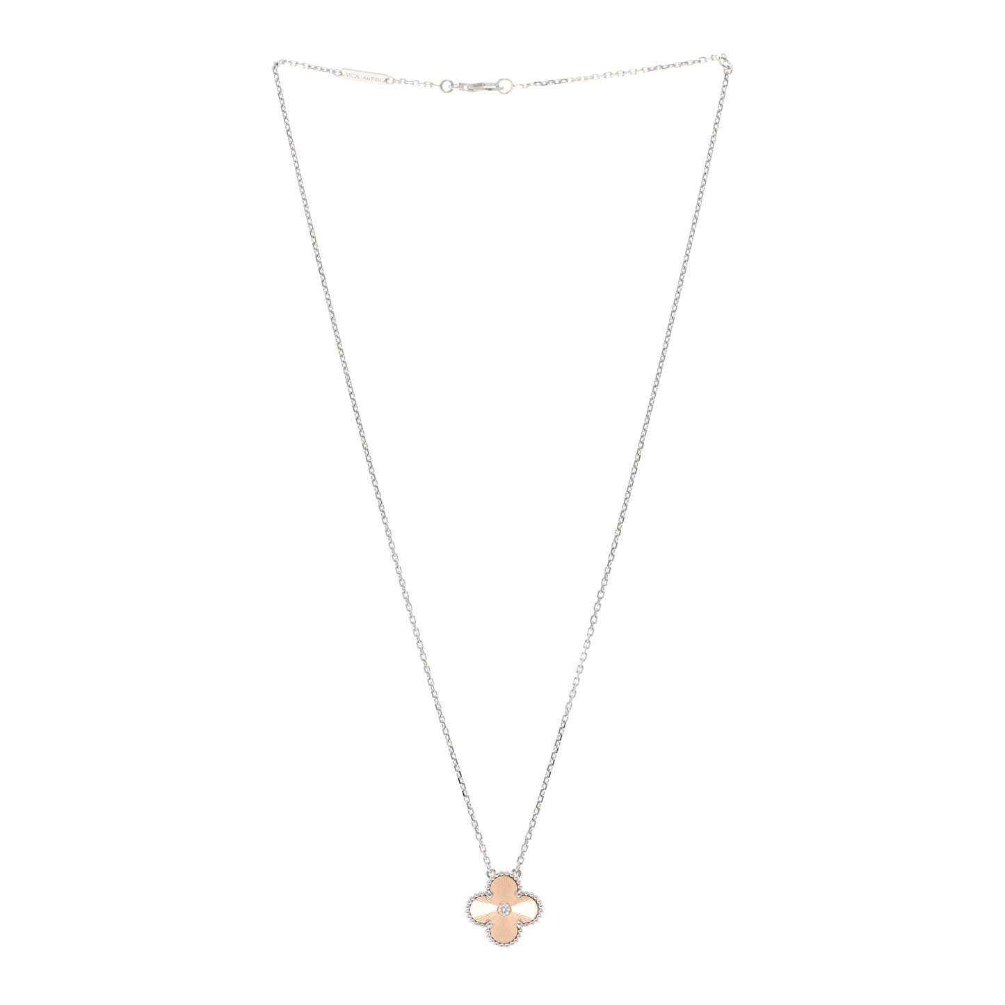 18K White Rose Gold Diamond Guilloche Vintage Alhambra Pendant Necklace